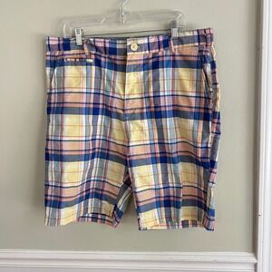 Islandia Plaid Shorts Mens 40 Flat Front Madras Blue Yellow Pink Preppy Summer